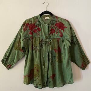 Bohemian Green Red Embroidered Floral Flowy Cotton Blouse Women's size Medium